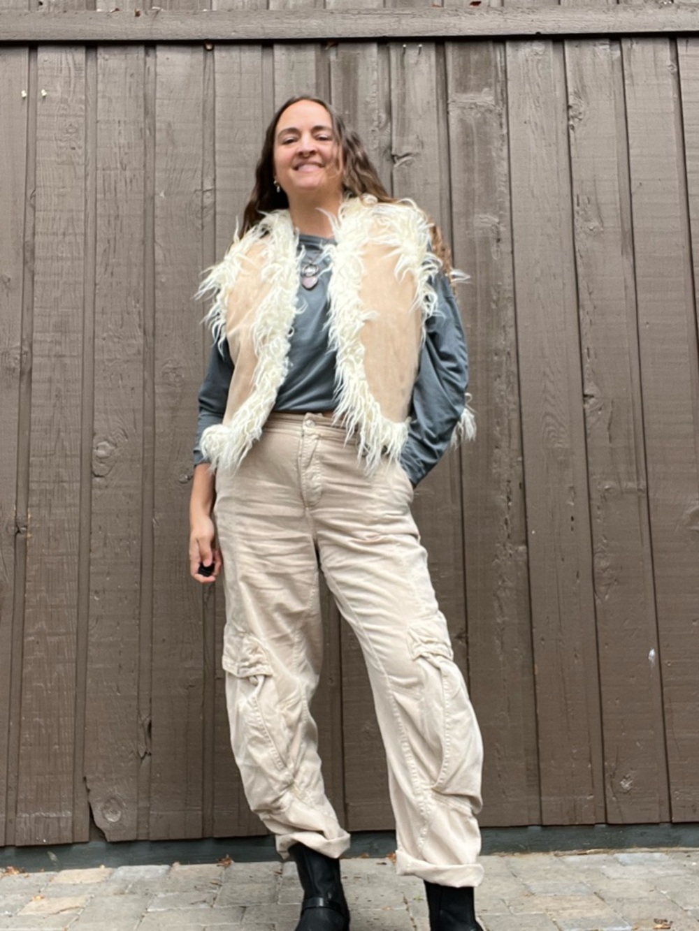 Reclaimed Vintage Faux Fur Vest Tan Faux Suede Shearling Style Shaggy Boho L